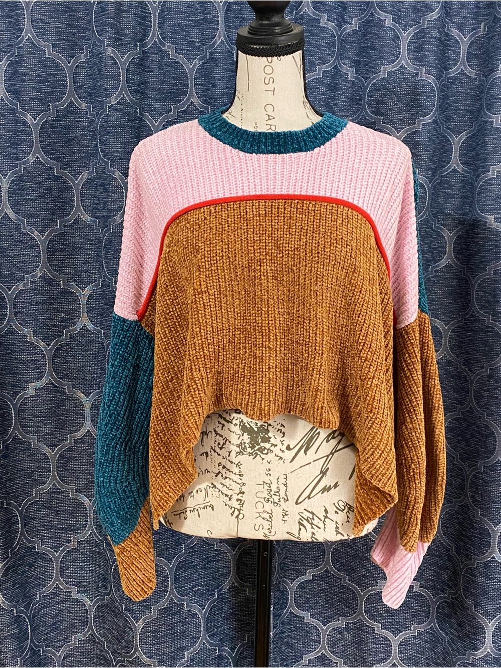 Urban Outfitters Colorblock Cropped Knit Sweater - Pink, Teal & Brown